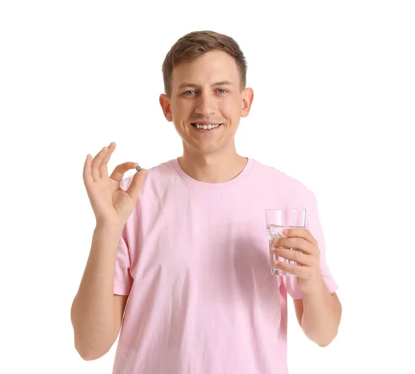 Young Man Vitamin Glass Water White Background — Photo
