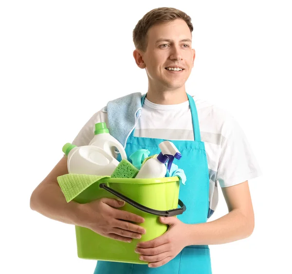 Young Man Holding Bucket Cleaning Supplies White Background — Stock Photo, Image