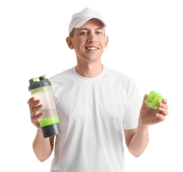 Young Man Bottle Water Container Pills White Background — Foto de Stock