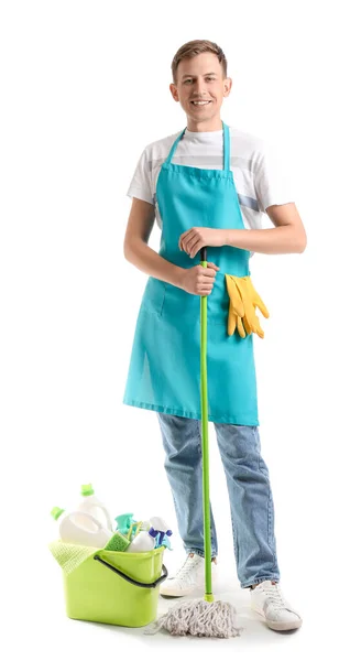 Smiling Young Man Cleaning Supplies White Background — Stock Photo, Image