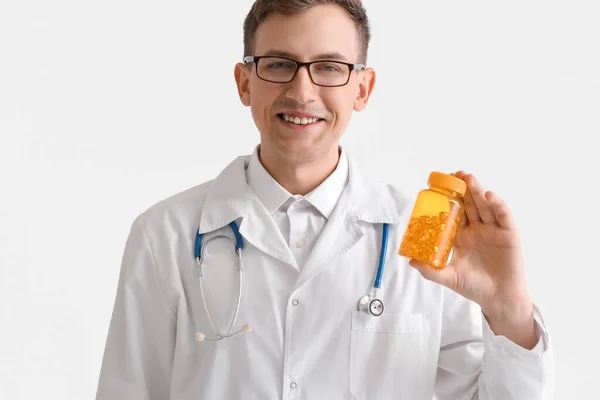 Young Doctor Pill Bottle White Background — Fotografia de Stock