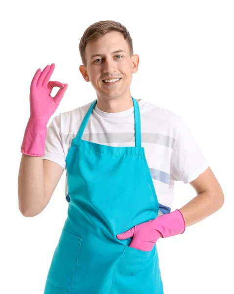 Young Man Rubber Gloves Apron Showing White Background — Stock fotografie