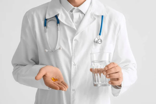 Young Doctor Pills Glass Water White Background — ストック写真