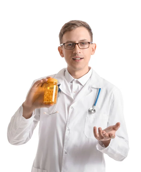 Young Doctor Pill Bottle White Background — стоковое фото