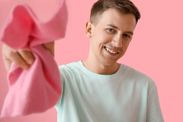 Young Man Rag Pink Background — Stok fotoğraf