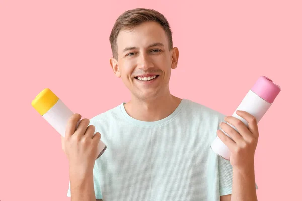 Young Man Bottles Air Freshener Pink Background — Fotografia de Stock