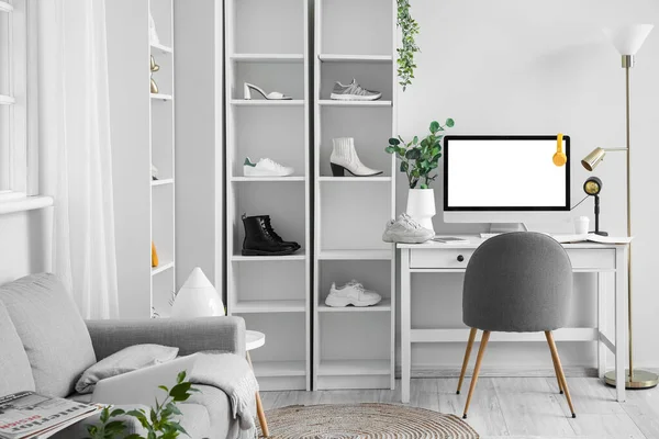 Shelf Units Different Shoes Workplace Modern Computer White Wall — Stock Photo, Image