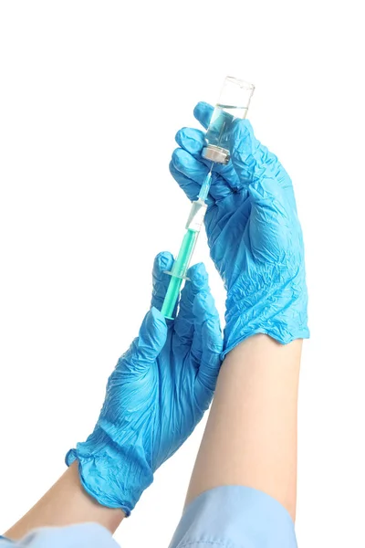 Hands Doctor Ampule Syringe White Background — Stockfoto