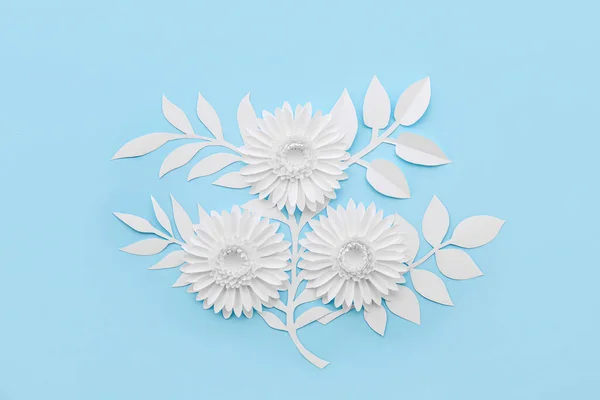 Paper Flowers Leaves Blue Background — Foto Stock