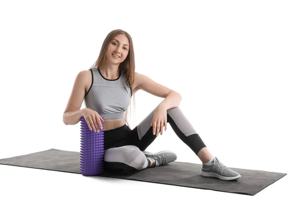 Young Woman Foam Roller Mat White Background — Stock Photo, Image