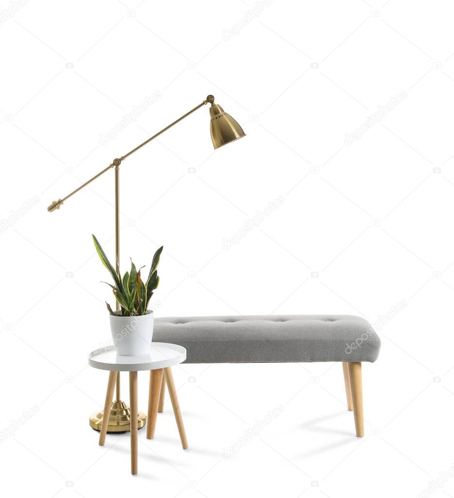 Table with houseplant, soft bench and lamp on white background