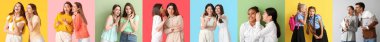 Set of gossiping people on color background