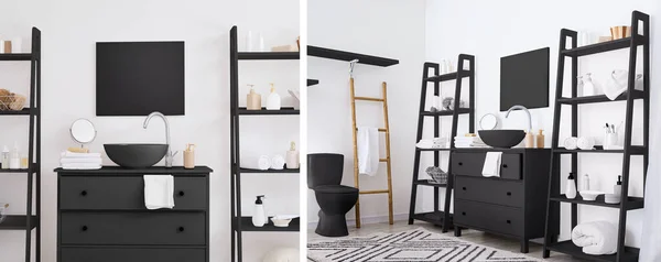 Collage Interiors Modern Bathrooms Black White Colors — ストック写真