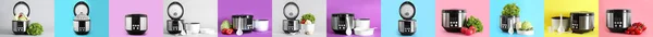 Set Modern Multi Cooker Products Colorful Background — Φωτογραφία Αρχείου