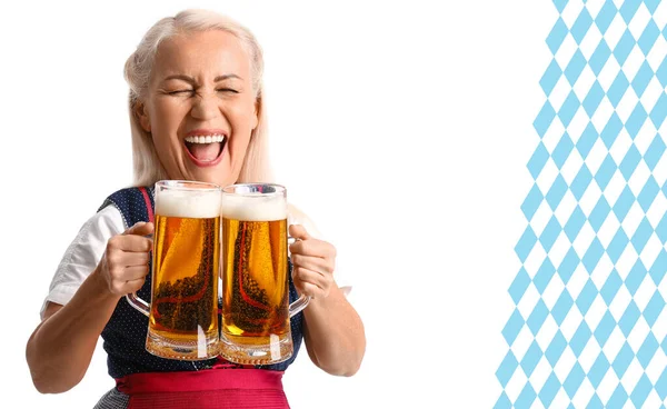 Funny Oktoberfest Waitress Big Head Holding Mugs Beer White Background — Stock Photo, Image