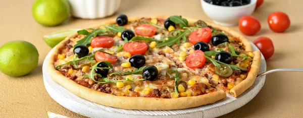 Tasty pizza with olives on color background