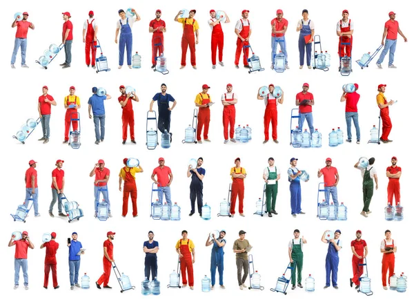 Many Couriers Water Delivery Service White Background — Photo