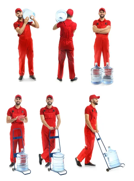 Set Couriers Water Delivery Service White Background — Φωτογραφία Αρχείου