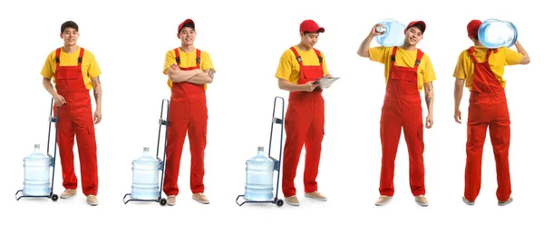 Set Asian Courier Water Delivery Service White Background — Φωτογραφία Αρχείου