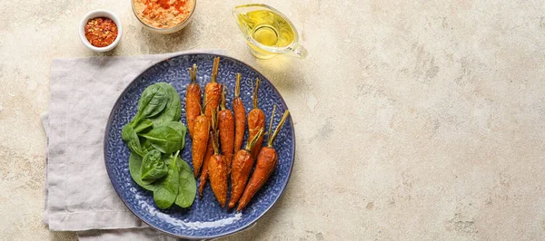 Plate Tasty Baked Carrots Spinach Grunge Background Space Text — Foto de Stock