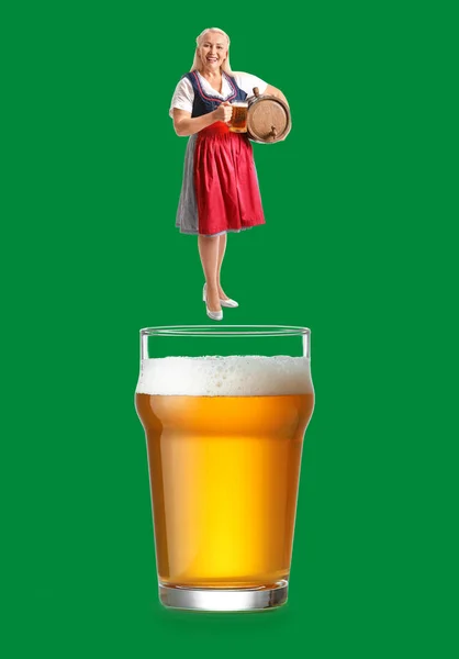 Collage Mature Octoberfest Waitress Big Glass Beer Green Background — Stock Photo, Image