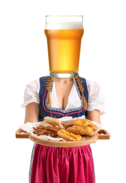 Octoberfest Waitress Glass Beer Instead Her Head Snacks White Background — Fotografia de Stock