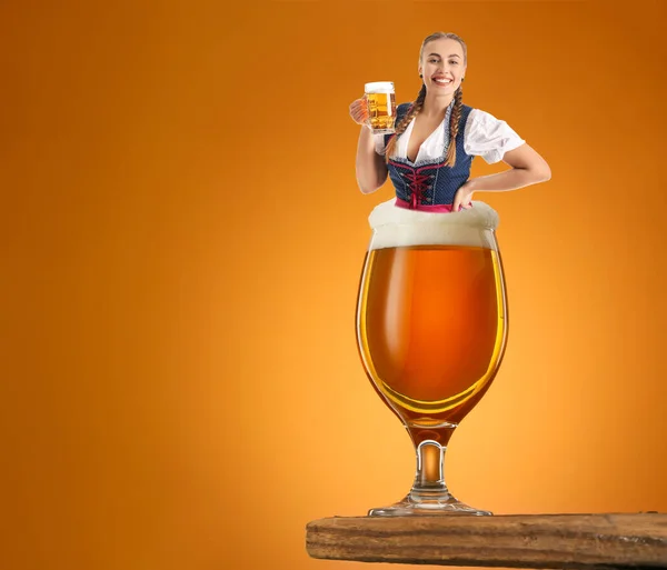 Collage Octoberfest Waitress Big Glass Beer Orange Background — стокове фото