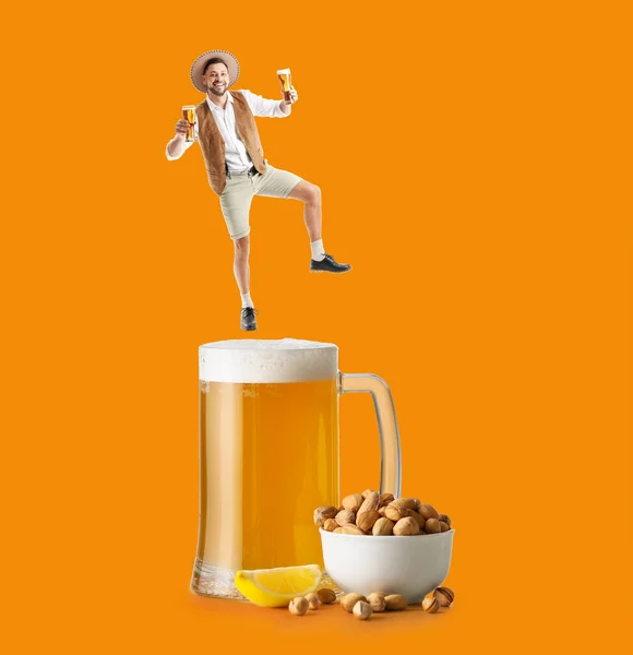 Collage Dancing Man Traditional German Clothes Big Mug Beer Nuts — Stock Photo, Image