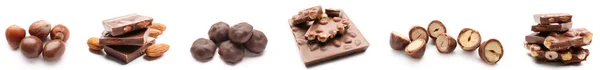 Set Sweet Chocolate Nuts Isolated White — Stock Photo, Image