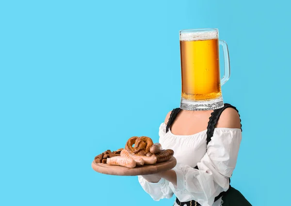 Octoberfest Waitress Mug Beer Instead Her Head Snacks Blue Background — Zdjęcie stockowe