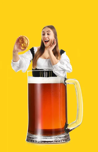 Collage Beautiful Woman Traditional German Clothes Holding Pretzel Big Glass — Stockfoto