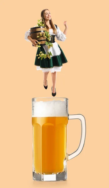 Collage Beautiful Octoberfest Waitress Big Mug Beer Beige Background — Stockfoto