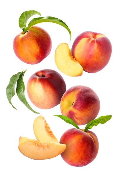 Flying Ripe Peaches White Background — Stock Photo, Image