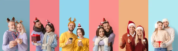 Group Happy Families Christmas Eve Color Background — Stockfoto