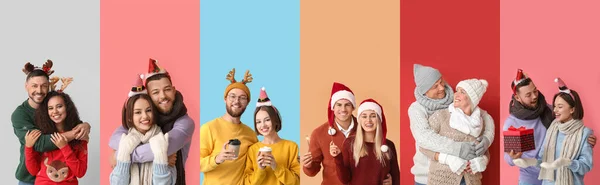 Collage Happy Families Christmas Eve Color Background — Photo