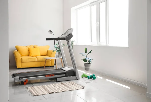 Interior Light Living Room Treadmill Yellow Sofa — Fotografia de Stock