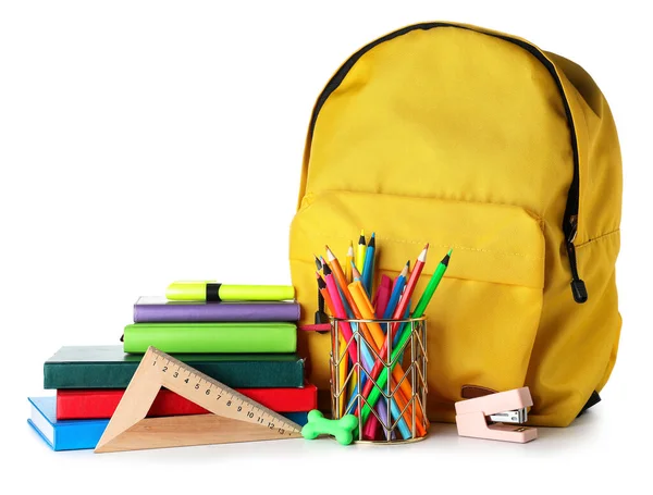 Cup School Stationery Books Backpack White Background — Stock Photo, Image