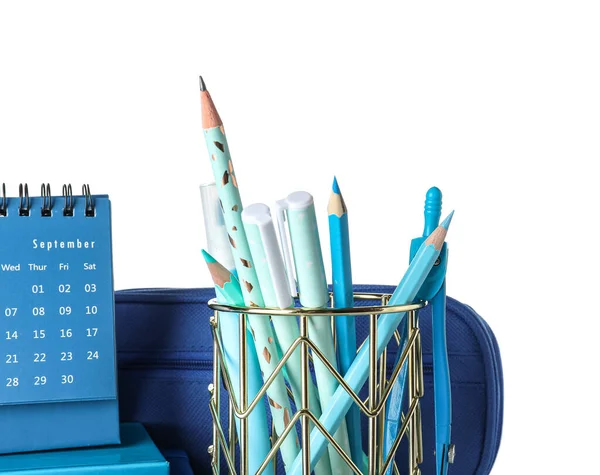 Cup School Stationery Pencil Case Calendar White Background — Φωτογραφία Αρχείου