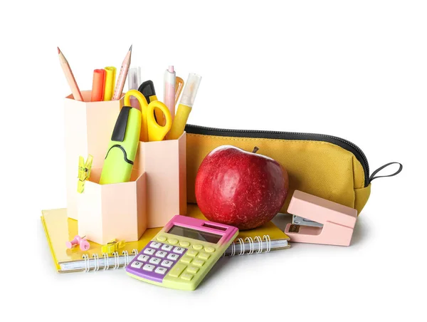Cups School Stationery Pencil Case Apple White Background — Photo