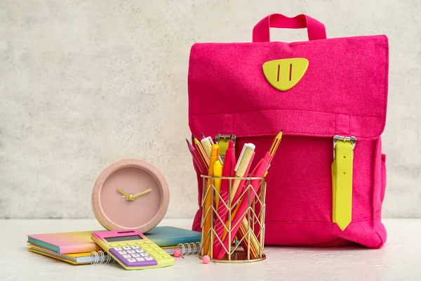 Cup School Stationery Alarm Clock Backpack Light Background — 스톡 사진