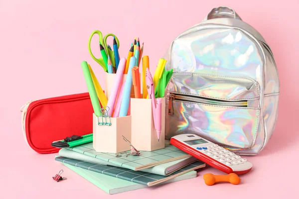 Cups School Stationery Pencil Case Backpack Pink Background — Φωτογραφία Αρχείου