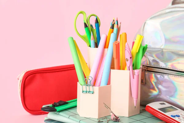 Cups School Stationery Pencil Case Backpack Pink Background — Fotografia de Stock