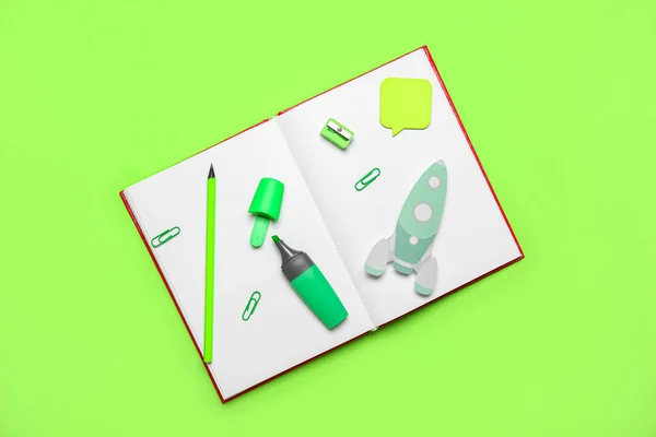 Paper Rocket Notebook School Stationery Green Background — Stock Fotó