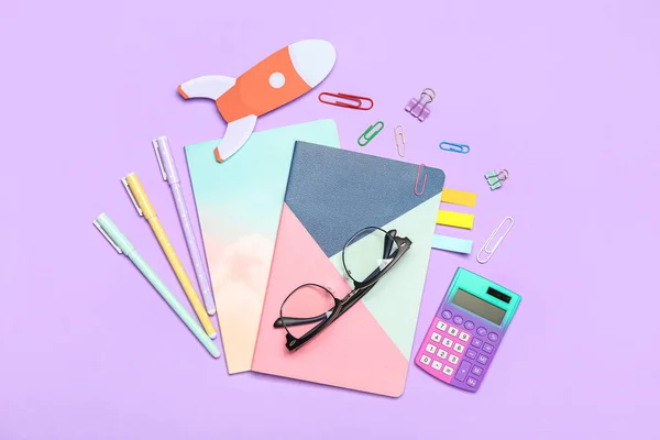 Paper Rocket School Stationery Eyeglasses Violet Background —  Fotos de Stock