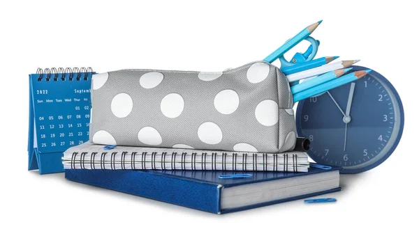 Pencil Case Book Alarm Clock Calendar White Background — Stock Photo, Image