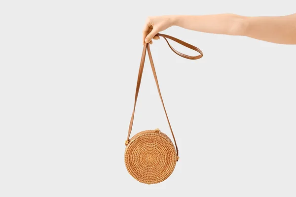 Female Hand Rattan Bag Light Background — Foto Stock