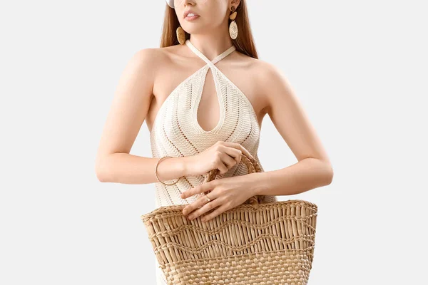 Elegant Woman Stylish Dress Holding Rattan Handbag Light Background — Stock Fotó