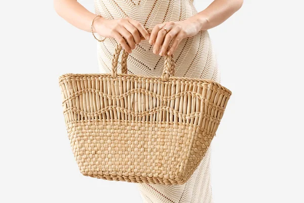 Elegant Woman Dress Holding Rattan Handbag Light Background Closeup — Stockfoto