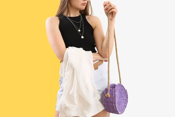 Fashionable Woman Stylish Rattan Handbag Color Background — Stock fotografie
