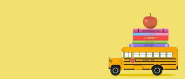 School bus, books and apple on yellow background with space for text